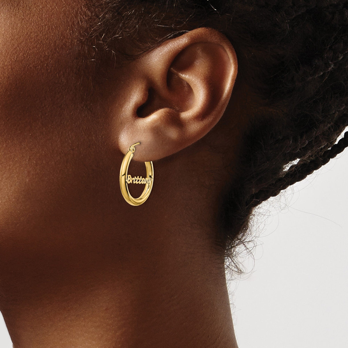 14k Yellow Gold Custom Nameplate Hoop Earring with Brittany in Cursive Script