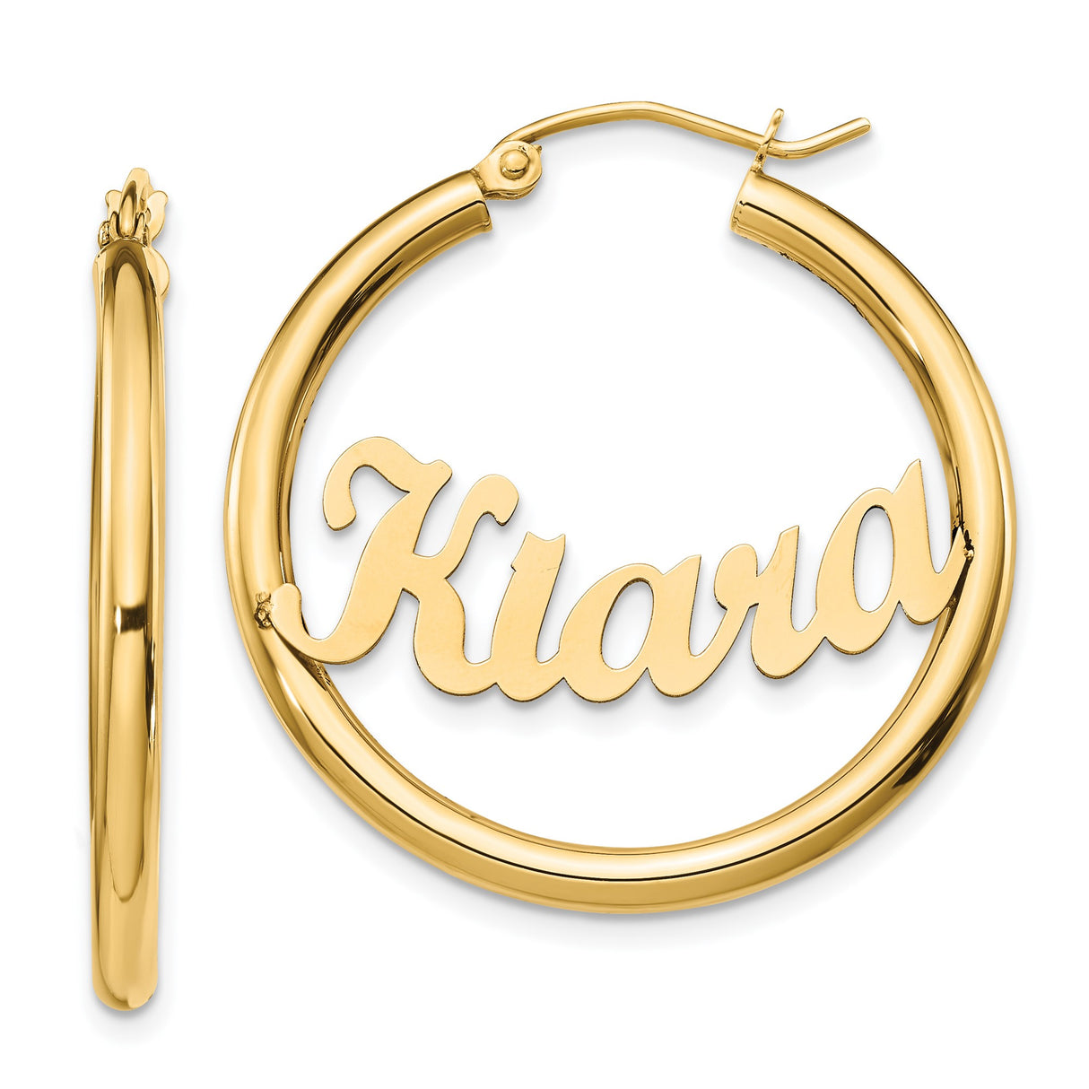 14k Yellow Gold Hoop Earrings with Kiara Script Nameplate, Custom Name Jewelry for Women