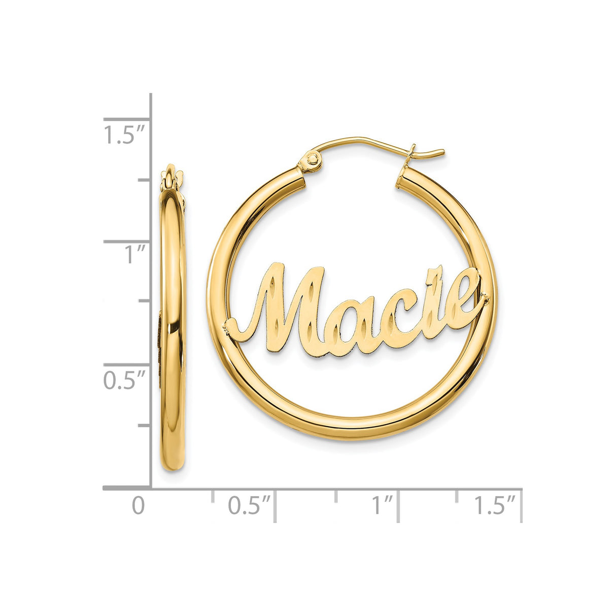 14k Yellow Gold Hoop Earrings with Personalized Nameplate Macie in Script Font