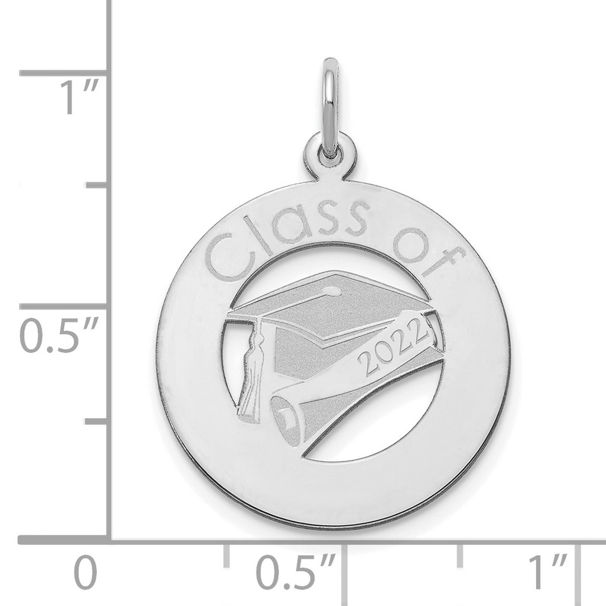 Class of 2020 Words with Graduation Day Cap and Diploma on Round Charm Pendant in Real 14k White Gold