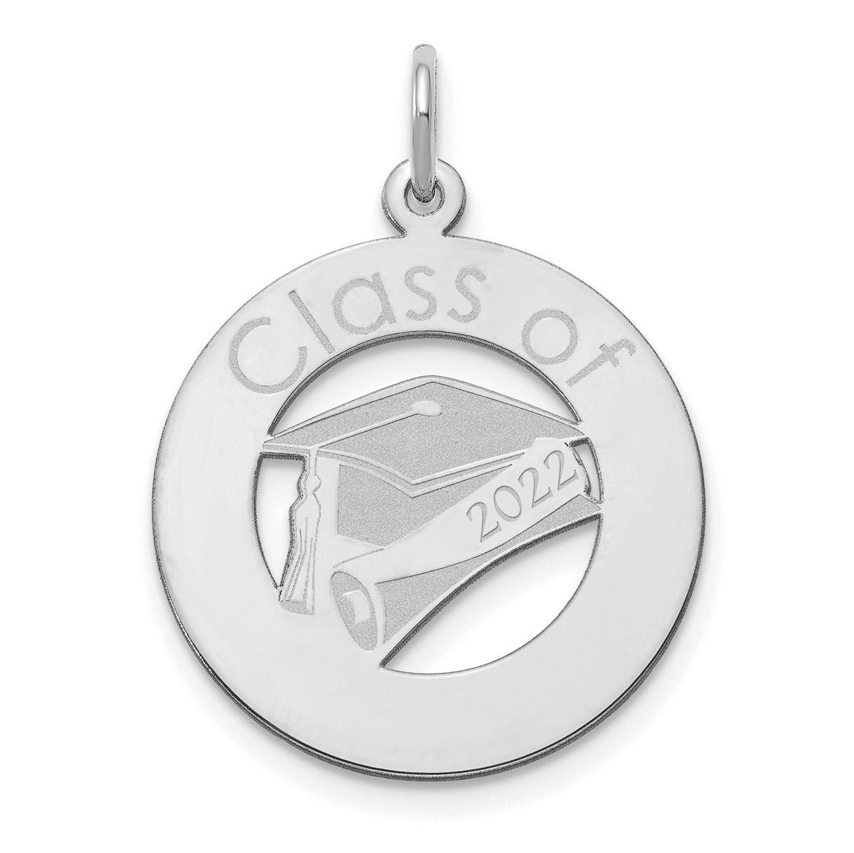 Class of 2020 Words with Graduation Day Cap and Diploma on Round Charm Pendant in Real 14k White Gold