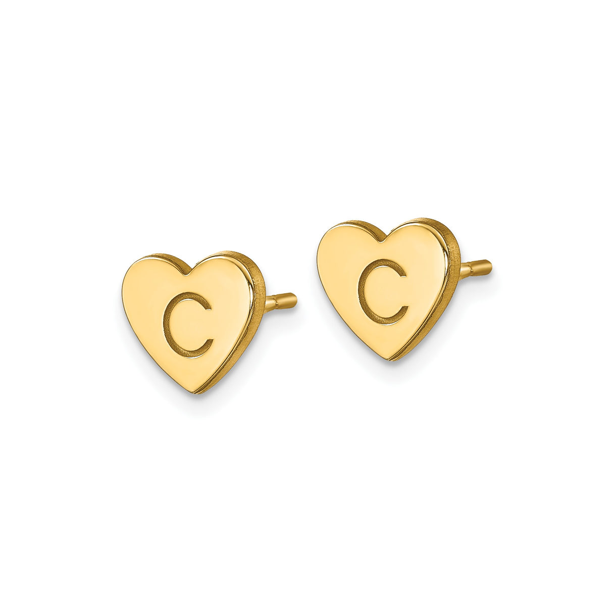 14k Yellow Gold Heart Initial Stud Earrings with Letter C, Dainty Monogram Jewelry for Women