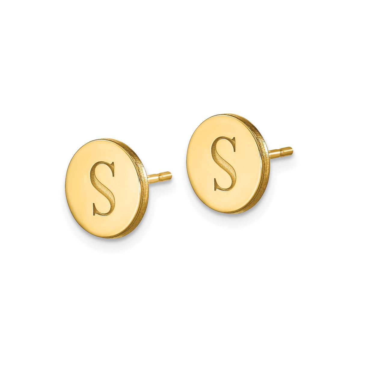 14k Yellow Gold Initial Stud Earring, Polished Round Disc with Letter S, Minimalist Design for Men or Women