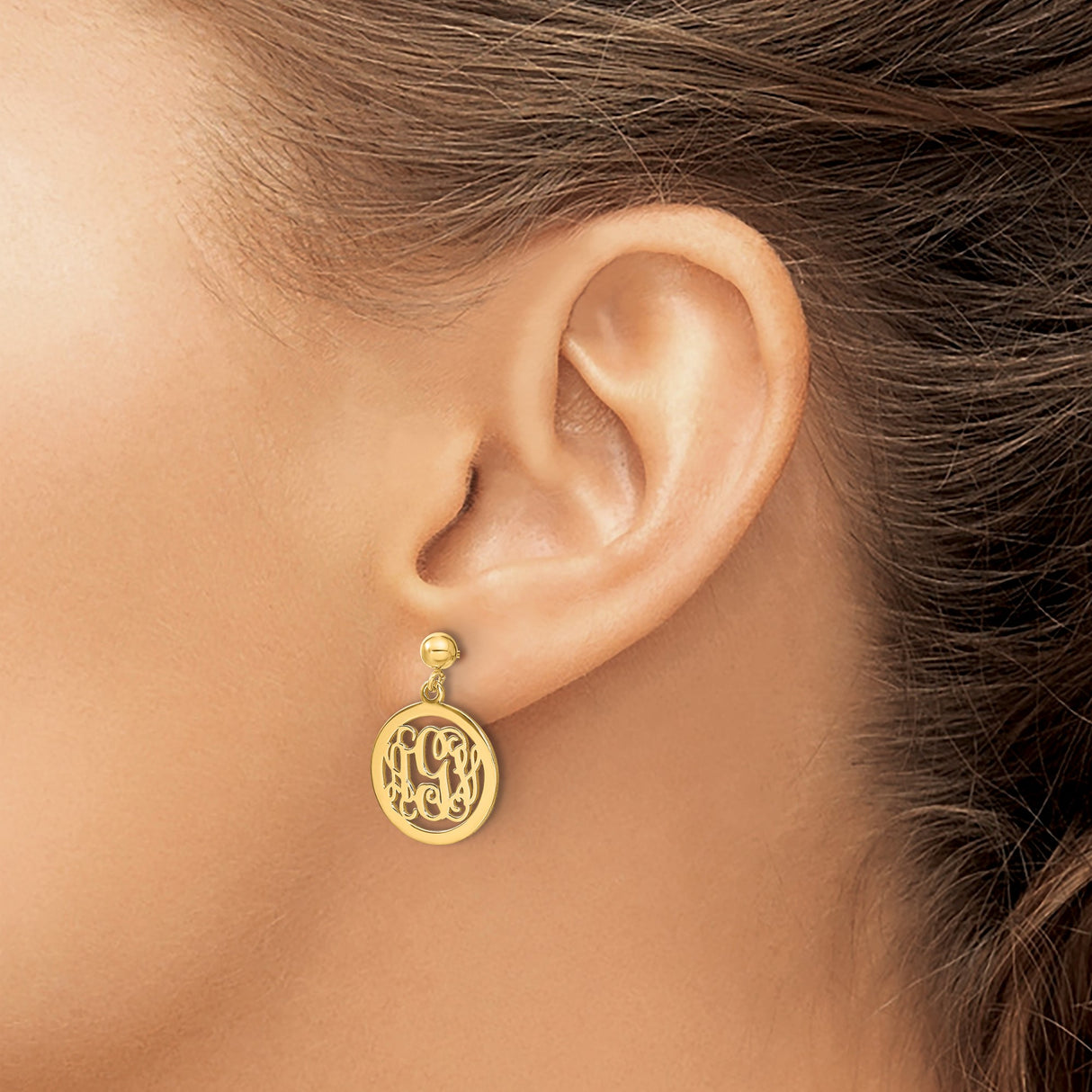 14k Yellow Gold Drop Earrings with Round Cutout Script Monogram Initials