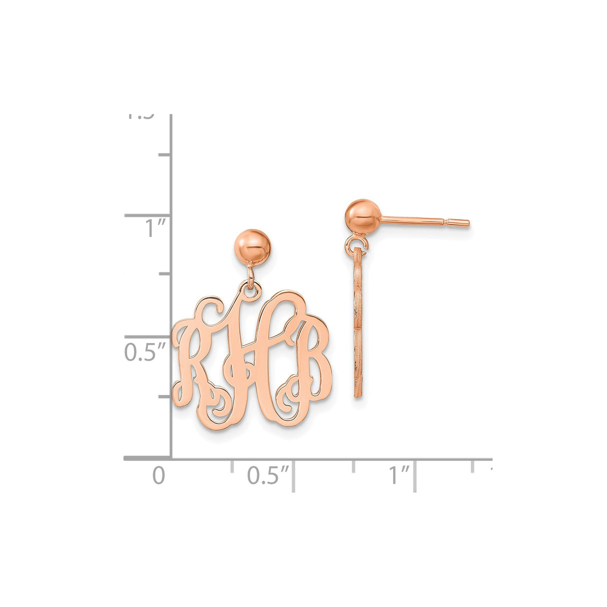 Sterling Silver Monogram Dangle Earrings, Lowercase Script Initial, Rose Gold Finish