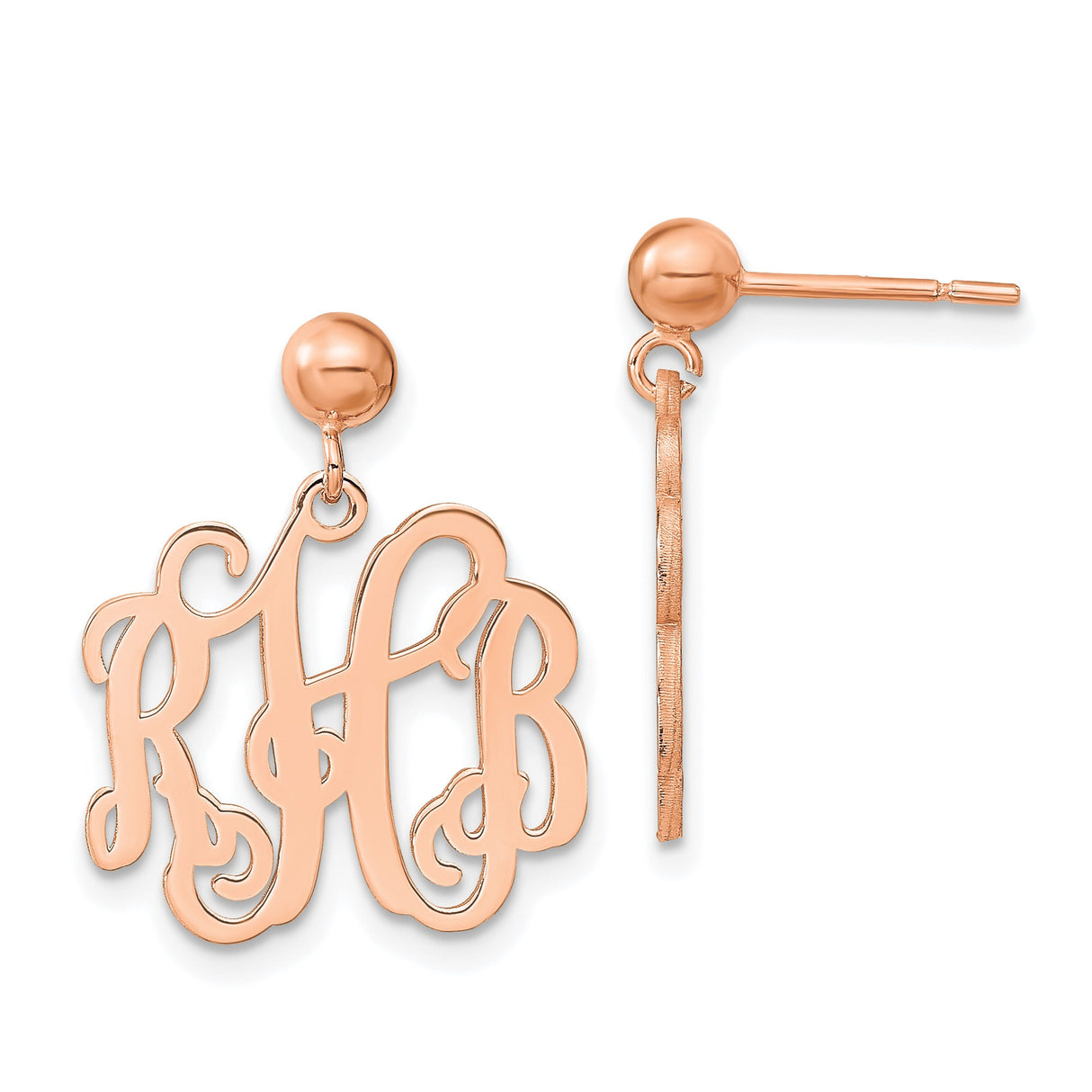 Sterling Silver Monogram Dangle Earrings, Lowercase Script Initial, Rose Gold Finish
