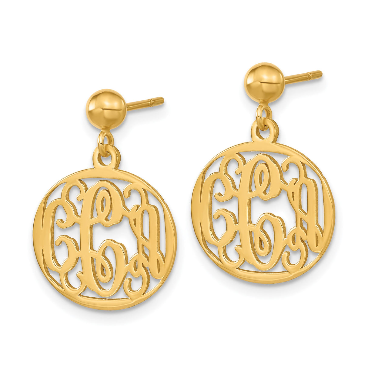 14k Yellow Gold Monogram Dangle Earrings with Cutout Script Initials, Round Disc Design