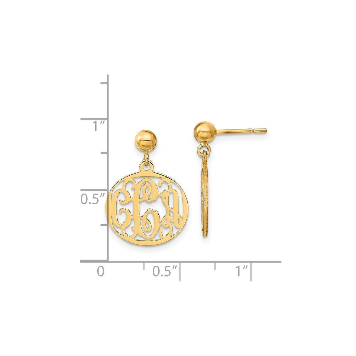 14k Yellow Gold Monogram Dangle Earrings with Cutout Script Initials, Round Disc Design