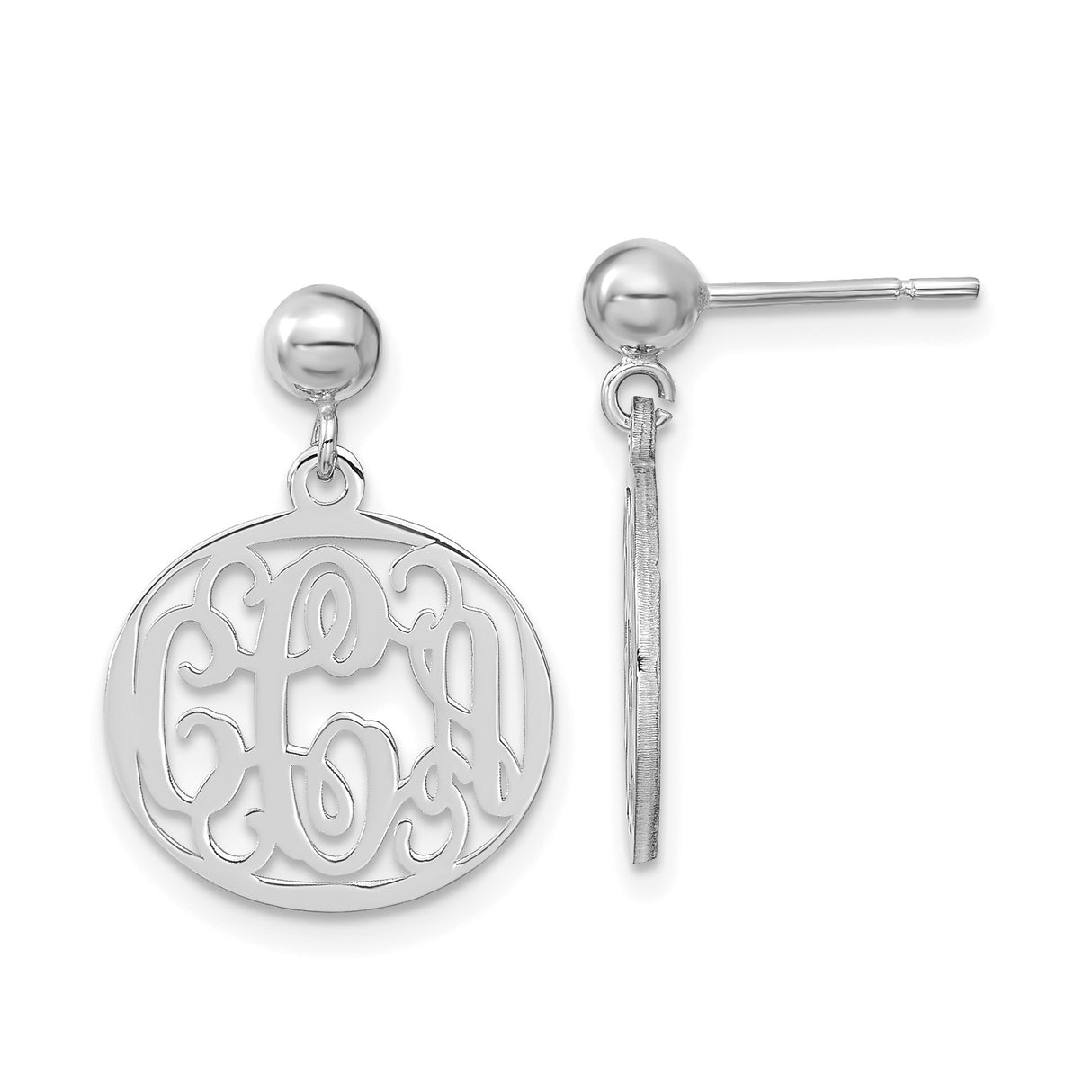 Sterling Silver Monogram Drop Earrings with Script Initials and Filigree Design