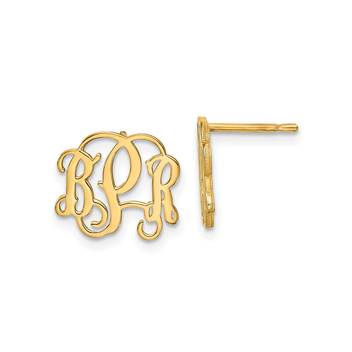 14k Yellow Gold Monogram Stud Earrings, Script Initial Design, Custom Letter Jewelry for Women
