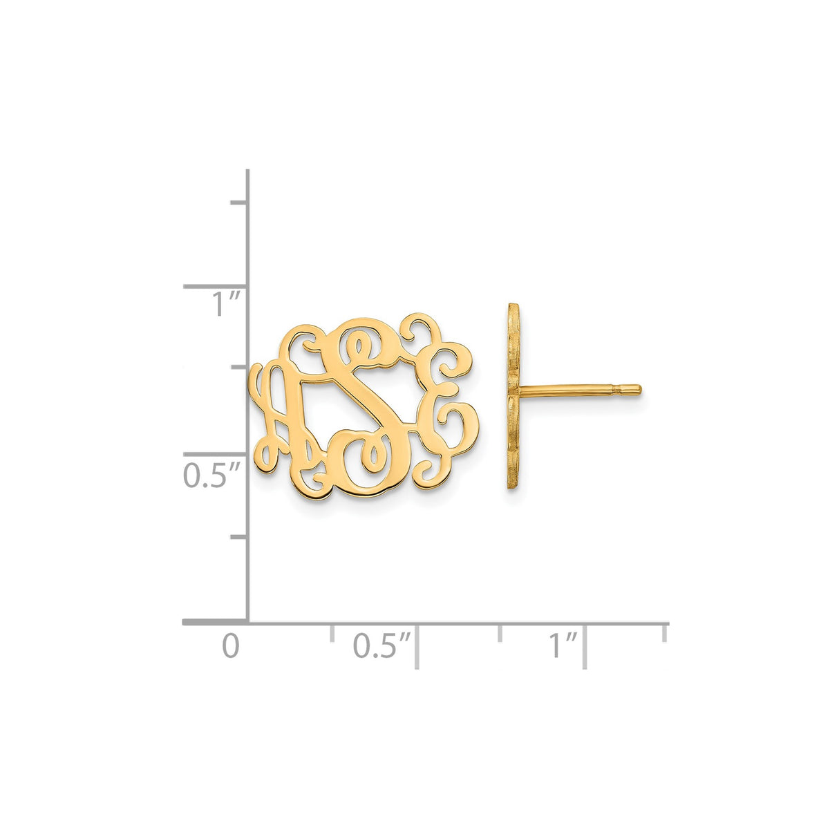 14k Yellow Gold Monogram Stud Earrings, Ornate Script Initial Design for Women