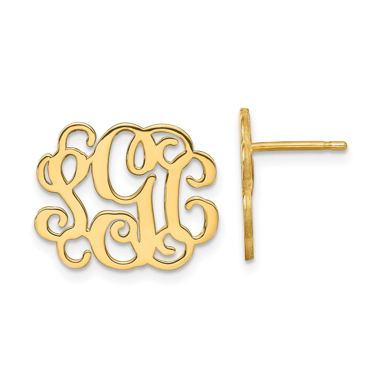 14k Yellow Gold Monogram Stud Earrings, Custom Script Initial Letter Design