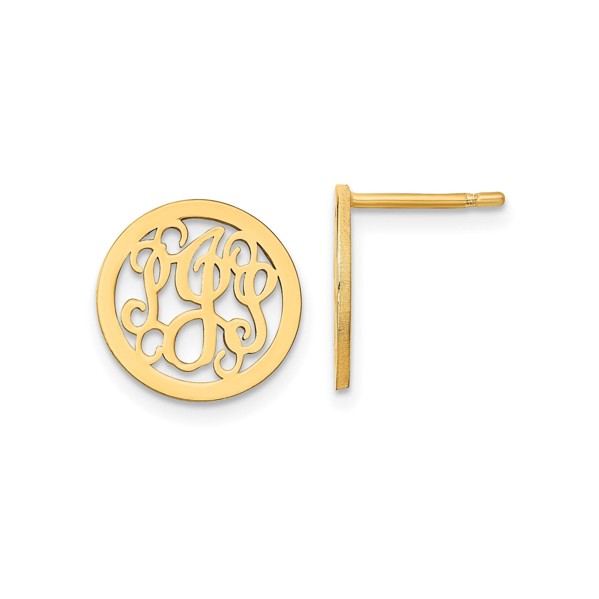 14k Yellow Gold Monogram Stud Earrings with Cutout Script Initial Design for Women