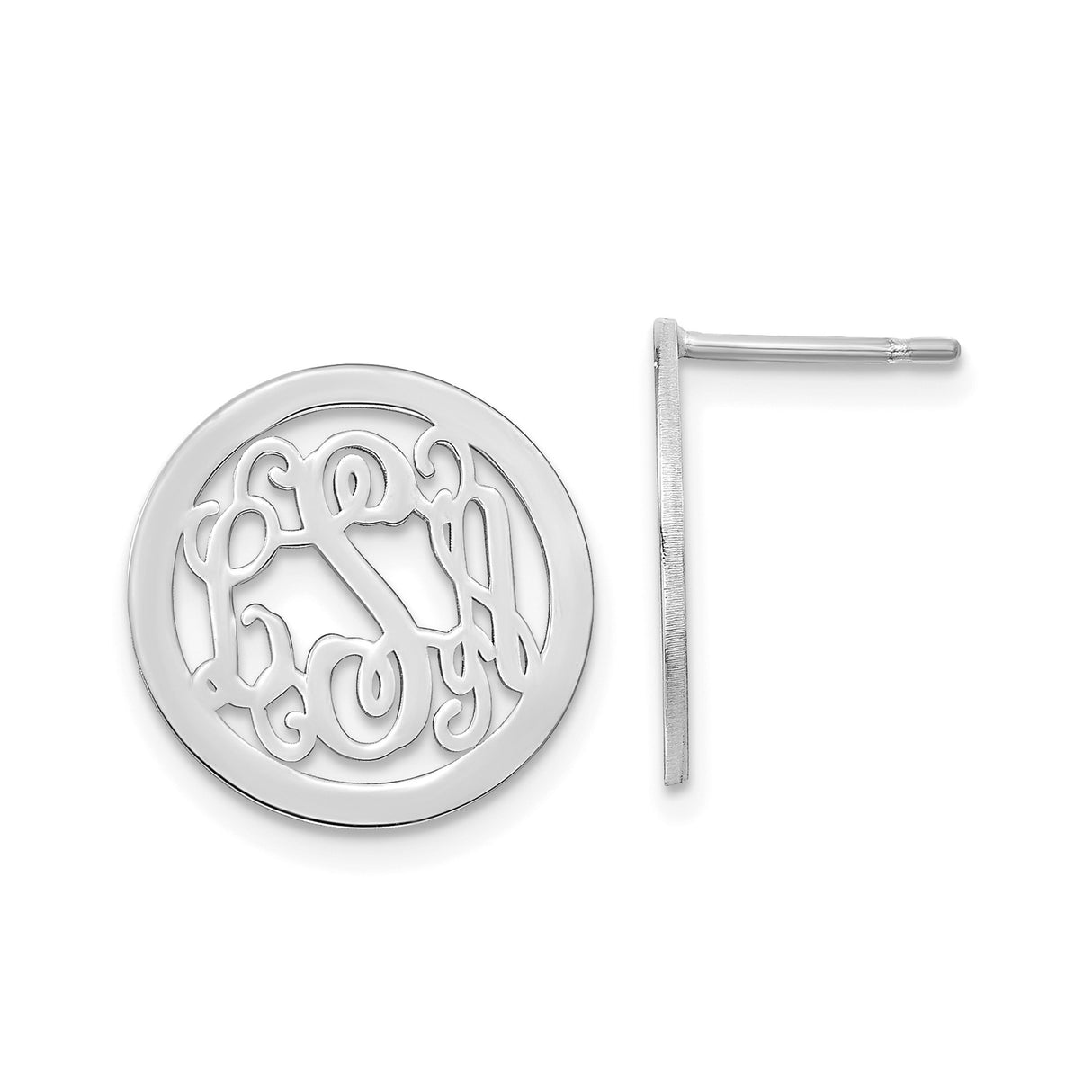14k White Gold Monogram Stud Earrings, Custom Script Initial, Circular Letter Design