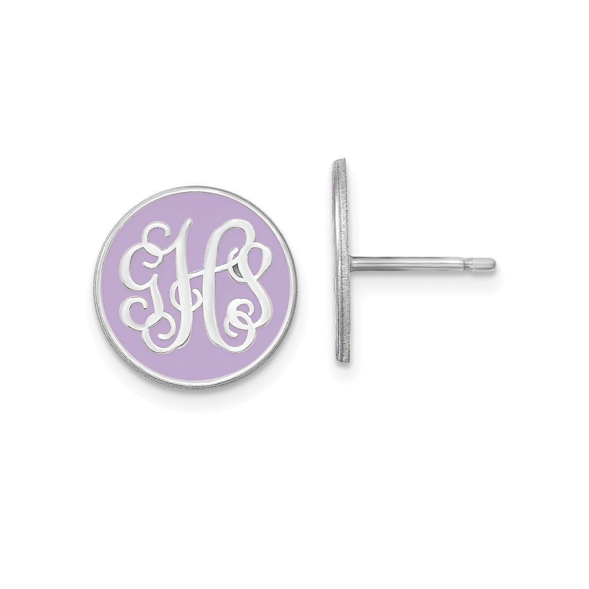 Sterling Silver Monogram Stud Earrings with Lavender Enamel Initials, Custom Script Round Design