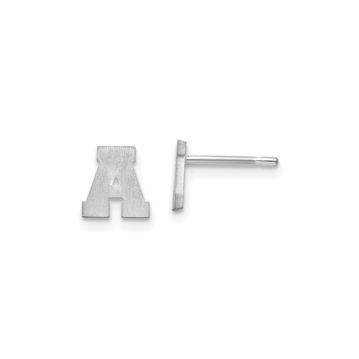 14k White Gold Initial A Stud Earring, Brushed Block Letter, Single Alphabet Design
