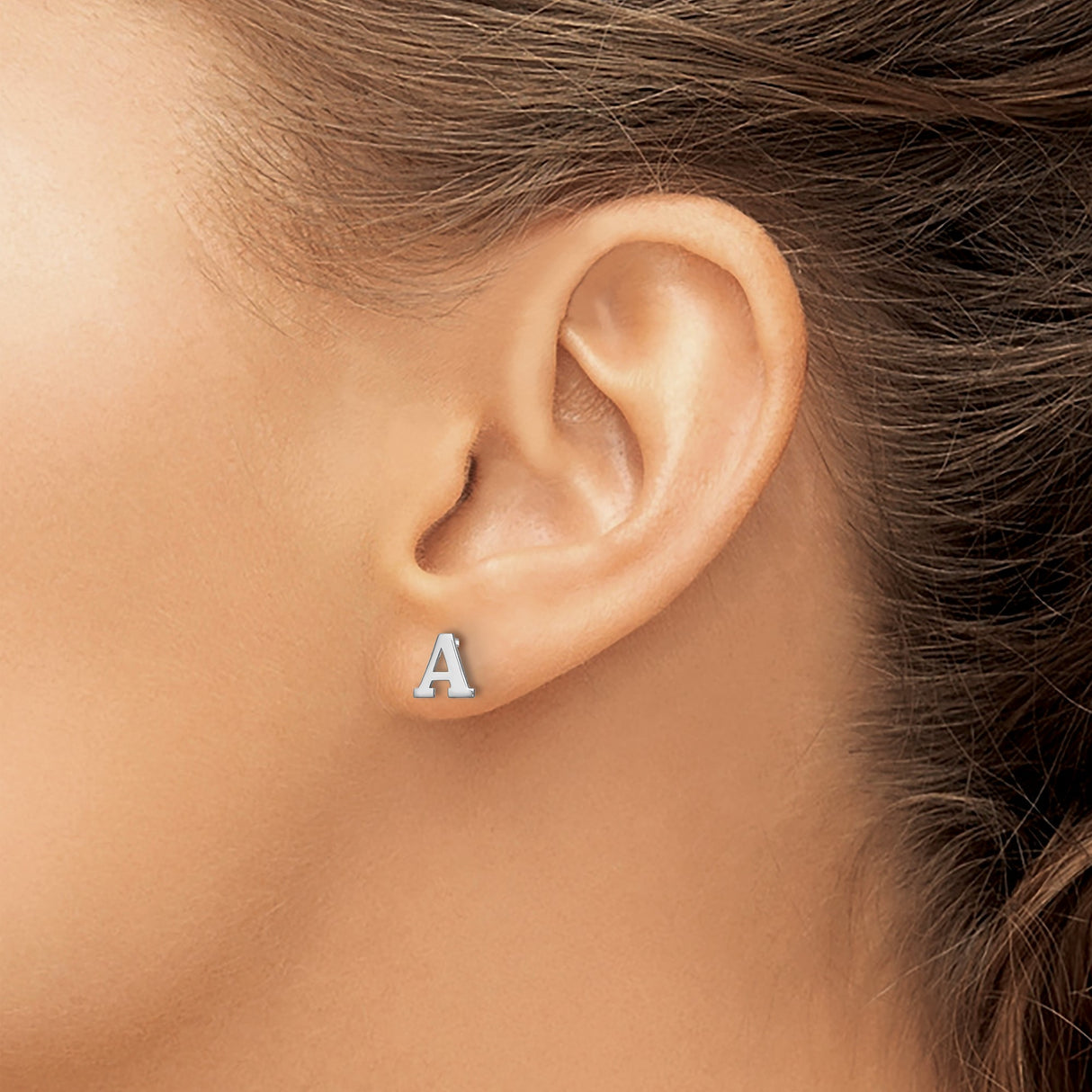 Sterling Silver Letter A Stud Earrings, Rhodium Plated Block Initial Design