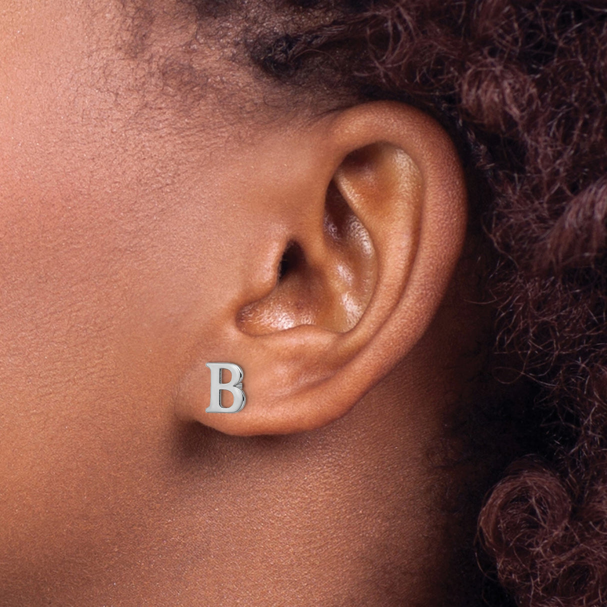 Sterling Silver Letter B Stud Earring, Rhodium Plated Block Initial, Minimalist Unisex Jewelry