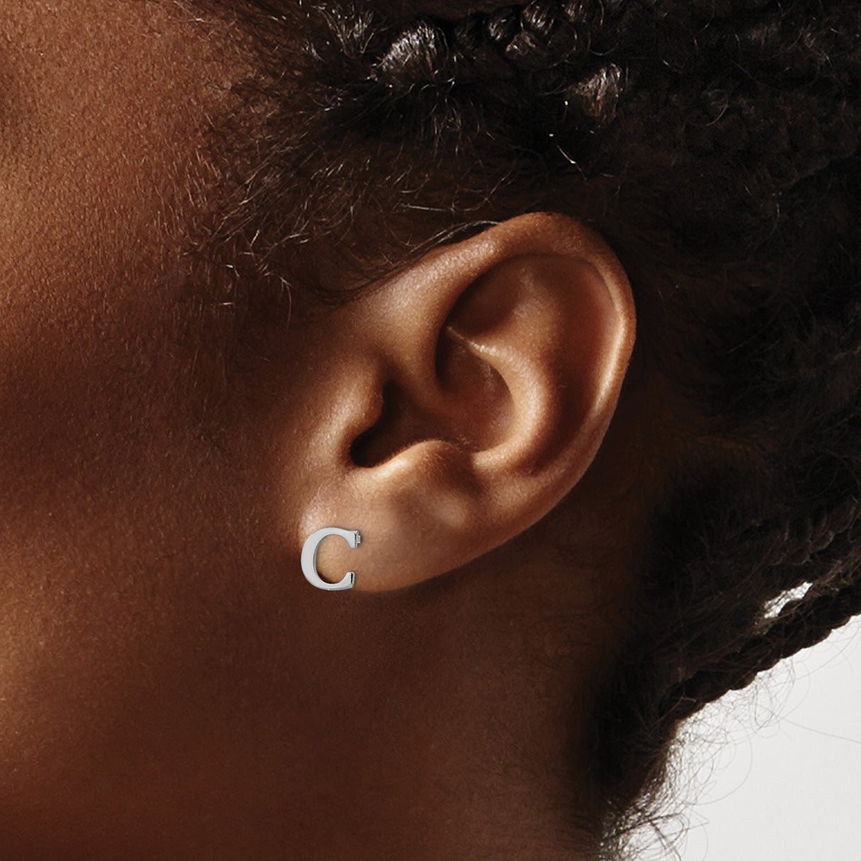 Sterling Silver Letter C Stud Earrings, Rhodium Plated Alphabet Monogram Design for Women