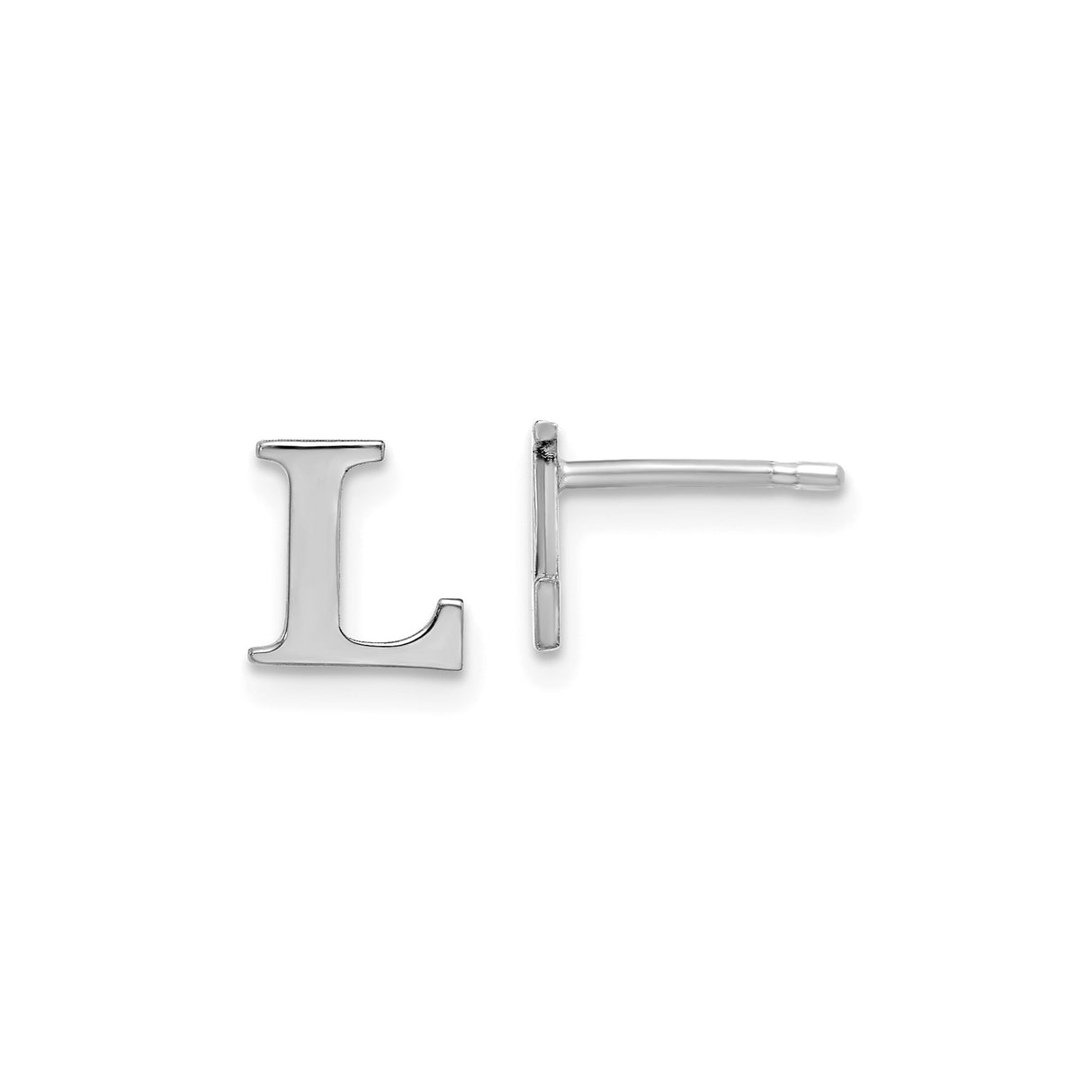 Sterling Silver Initial Letter L Stud Earrings, Rhodium Plated Monogram Design for Women