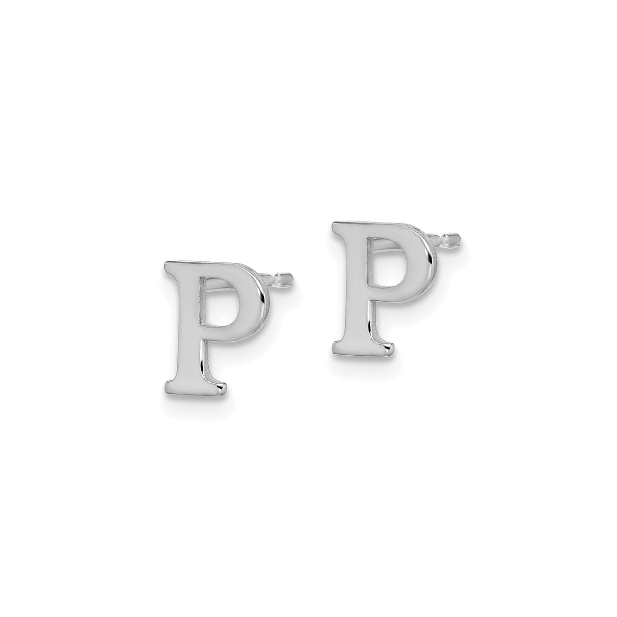 Sterling Silver Initial Stud Earring, Polished Block Letter P Design, Rhodium Plated