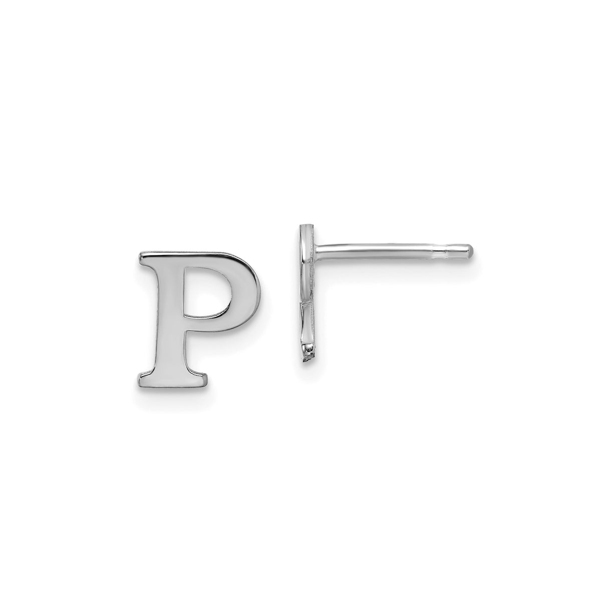 Sterling Silver Initial Stud Earring, Polished Block Letter P Design, Rhodium Plated