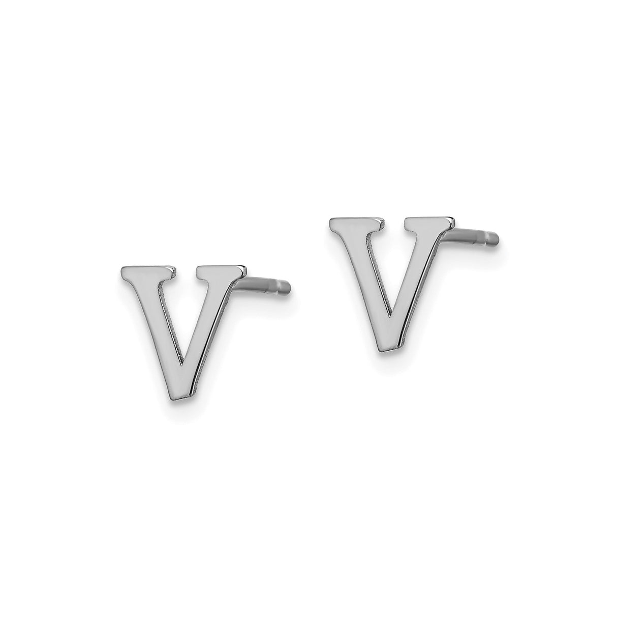 Sterling Silver Letter V Stud Earrings, Rhodium Plated Minimalist Monogram Design