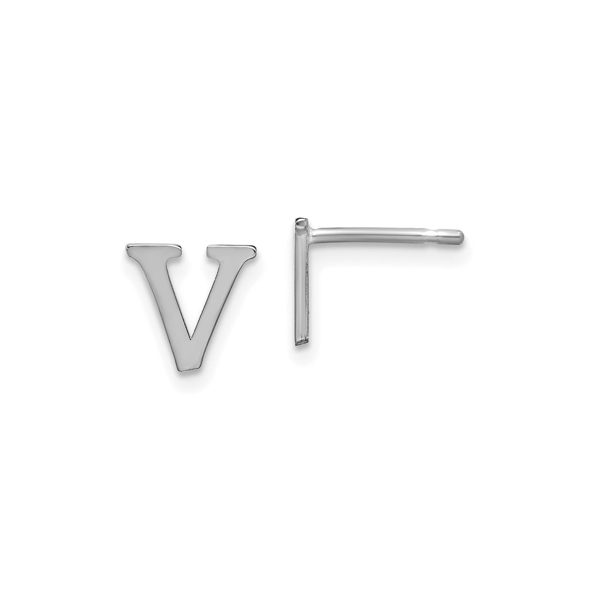 Sterling Silver Letter V Stud Earrings, Rhodium Plated Minimalist Monogram Design