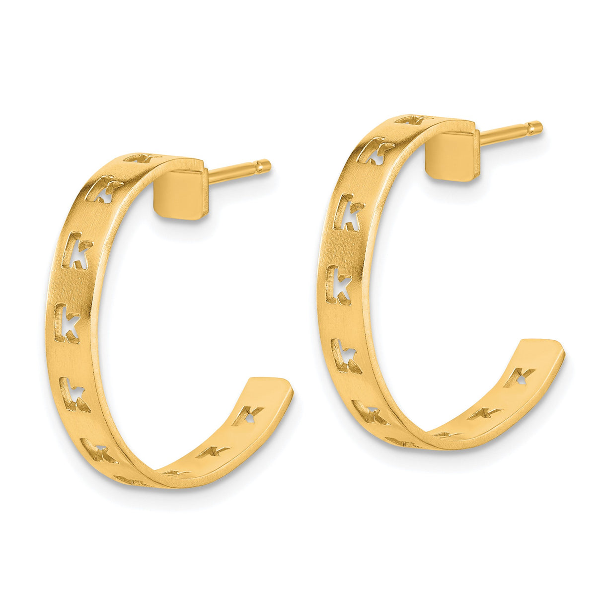 14k Yellow Gold Hoop Earrings with Cut-Out Letter K Design, Brushed Finish