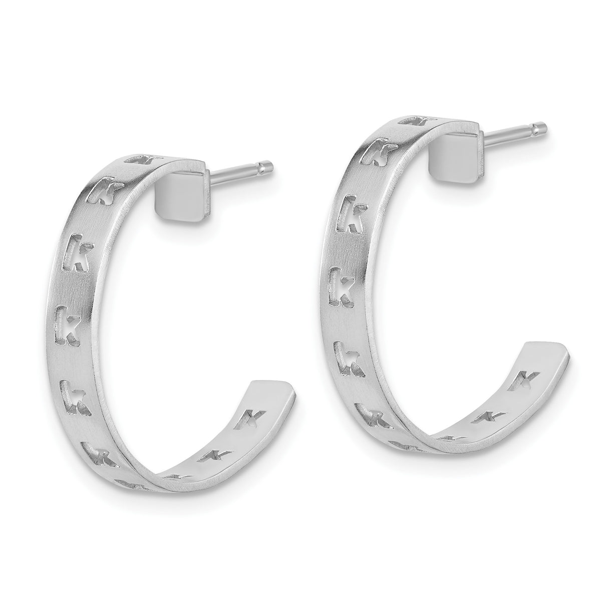 10k White Gold Hoop Earrings, Brushed Finish with Letter K, Lightweight Alphabet Design for Women