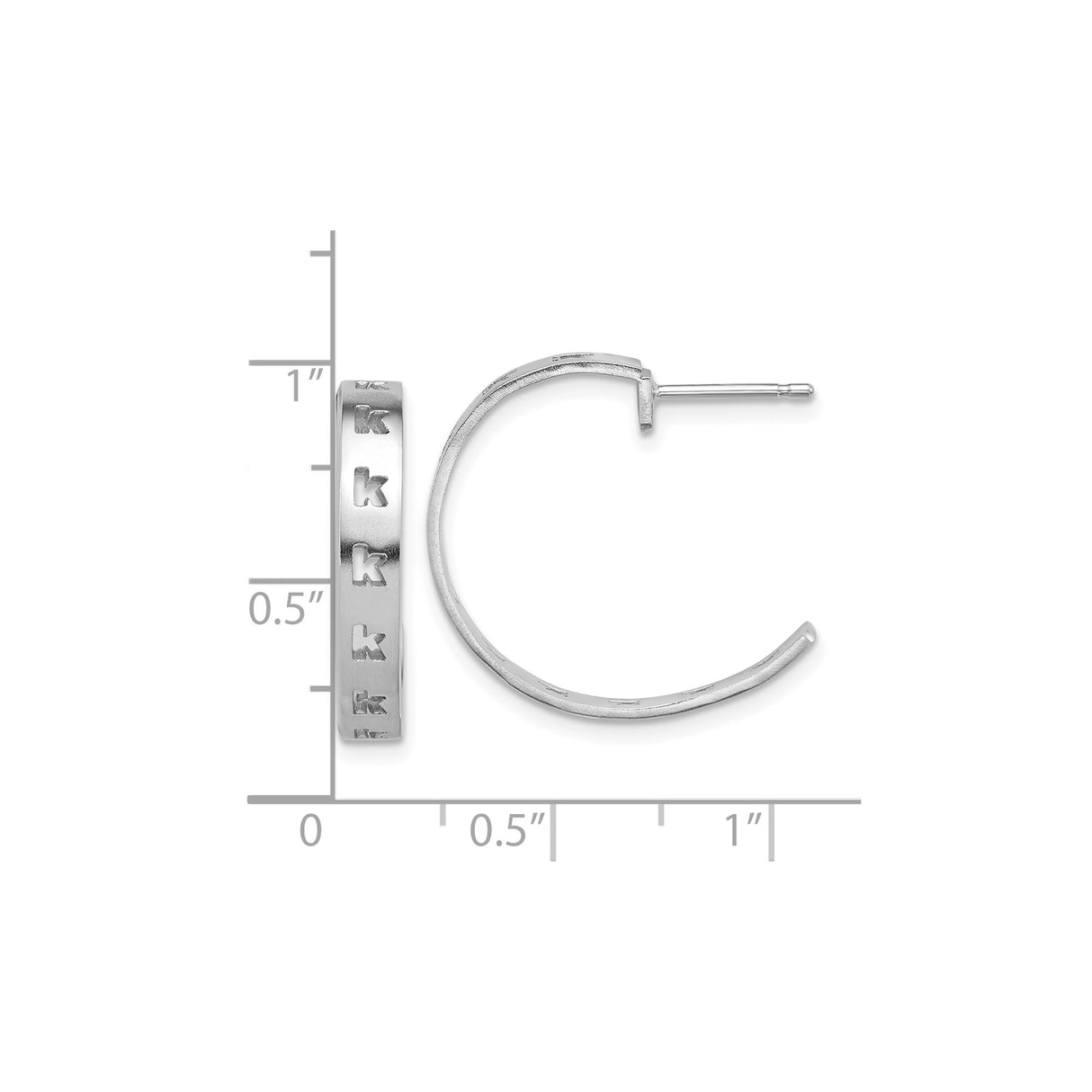 10k White Gold Hoop Earrings, Brushed Finish with Letter K, Lightweight Alphabet Design for Women