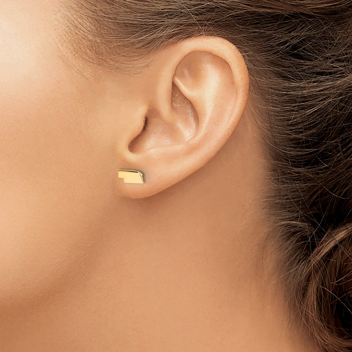 14k Yellow Gold Nebraska State Stud Earrings, Polished Silhouette Map Design, Unisex Jewelry