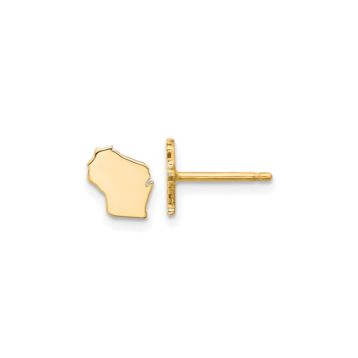 14k Yellow Gold Wisconsin State Stud Earrings, Polished Map Outline, Minimalist Style for Women