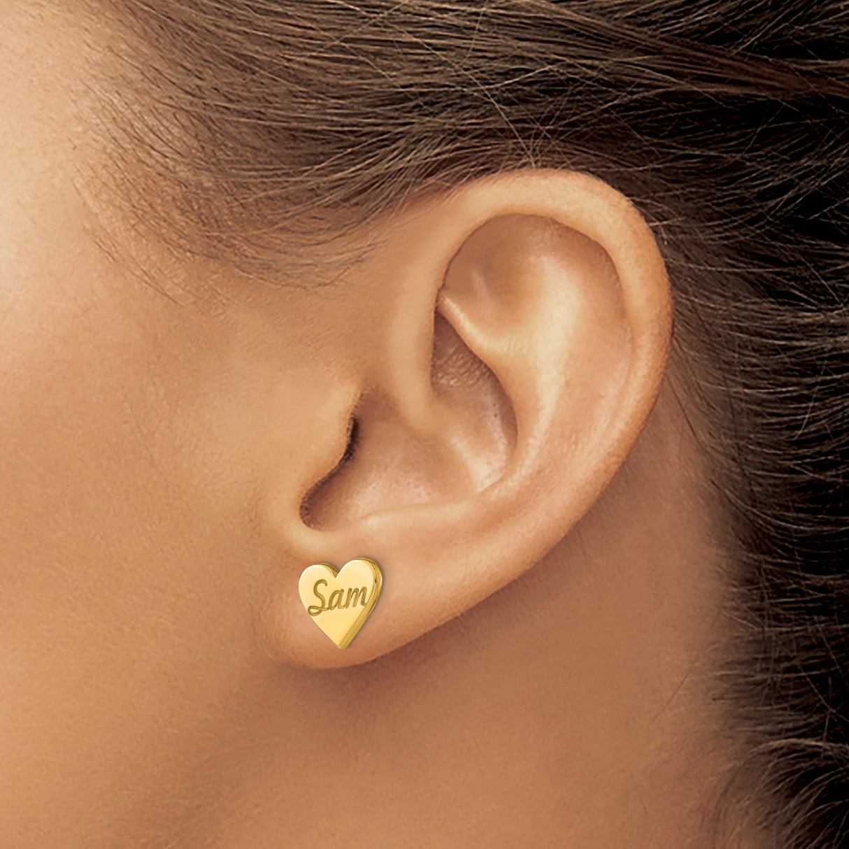 14k Yellow Gold Heart Shaped Name Stud Earrings, Custom Sam Design for Women or Unisex Wear