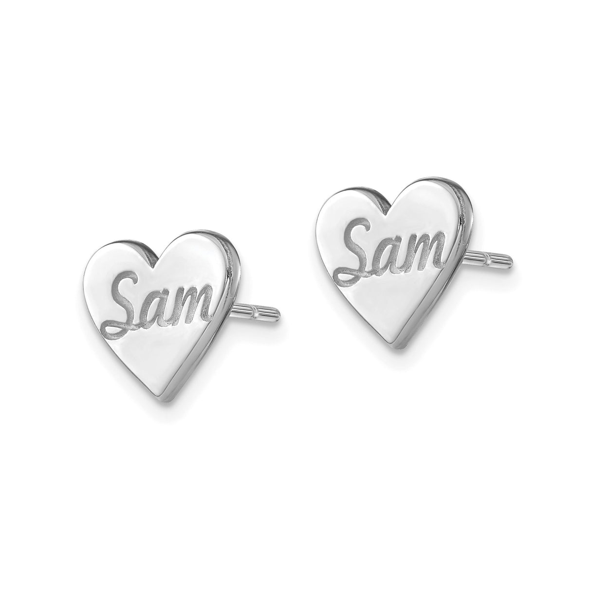 10k White Gold Heart Stud Earrings with Script Name Sam, Personalized Jewelry for Women