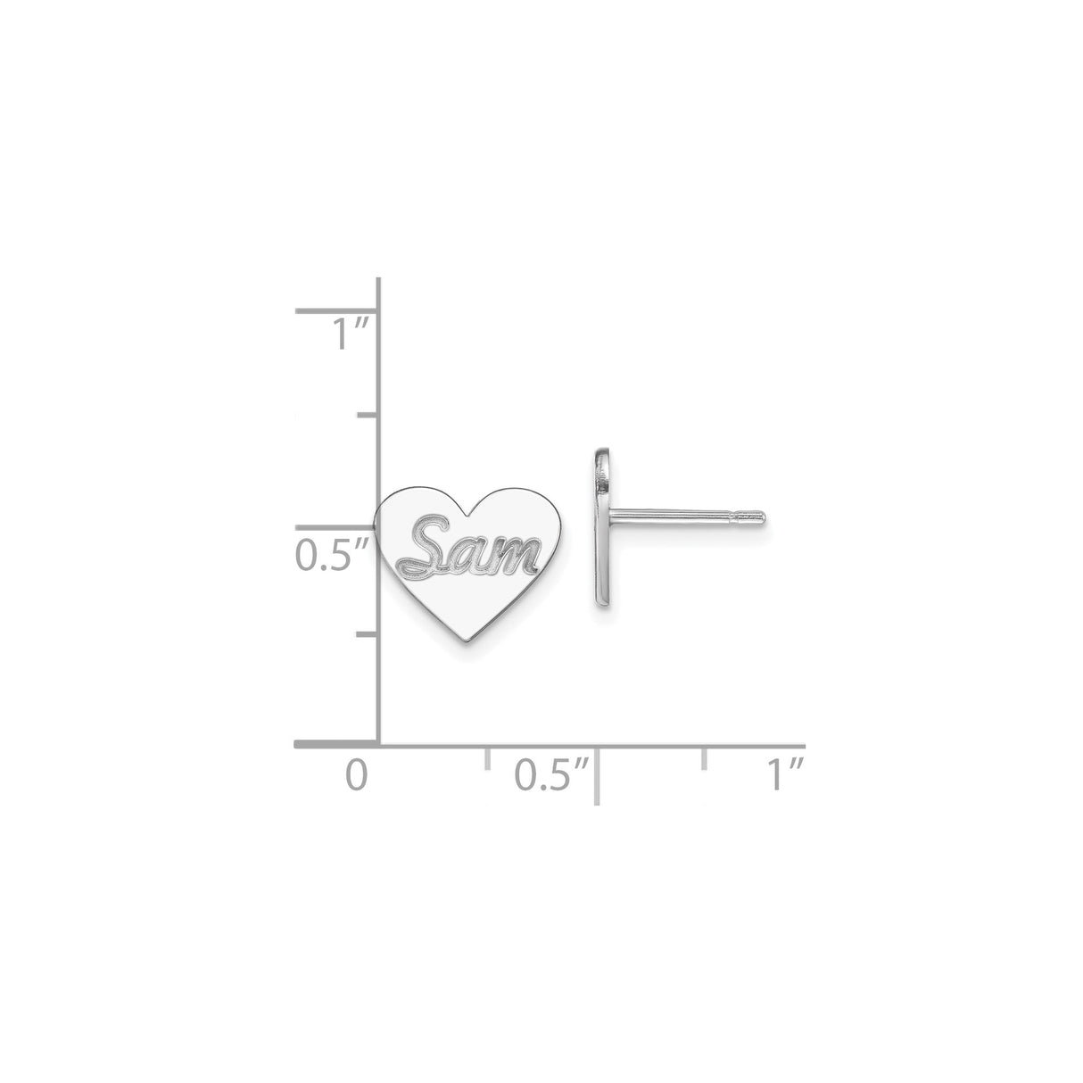 10k White Gold Heart Stud Earrings with Script Name Sam, Personalized Jewelry for Women