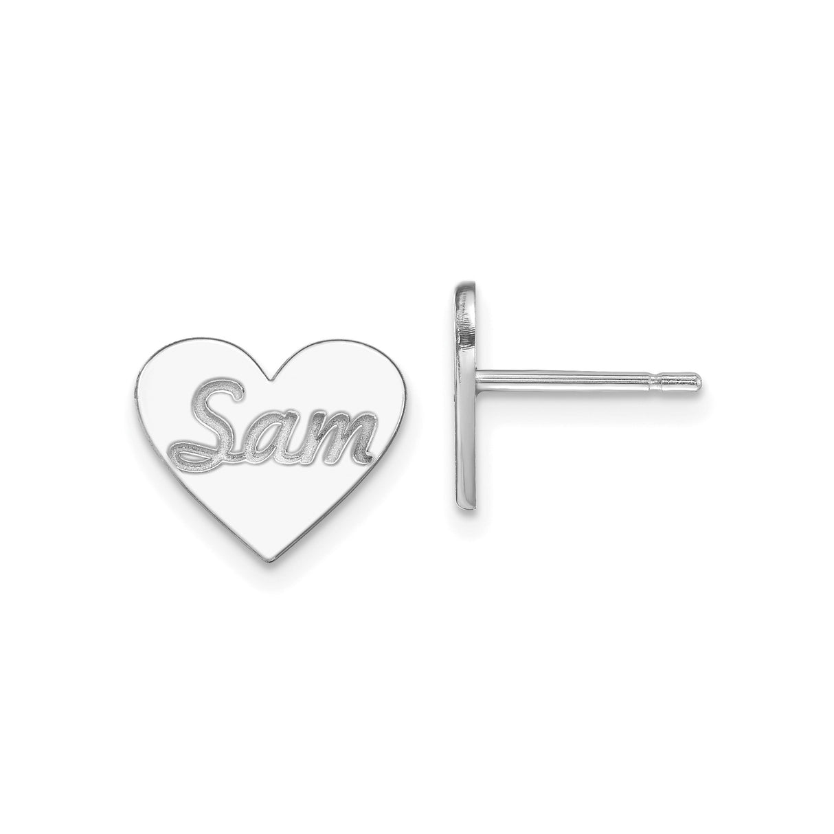 10k White Gold Heart Stud Earrings with Script Name Sam, Personalized Jewelry for Women