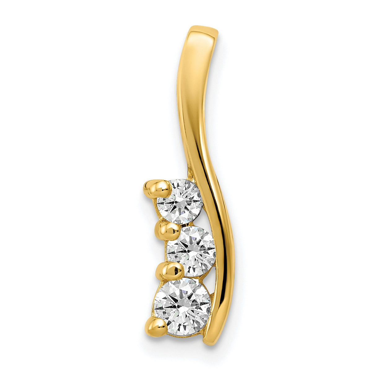 AAA Diamond Small Three Stone Curved Bar Charm Pendant in Real 14k Yellow Gold