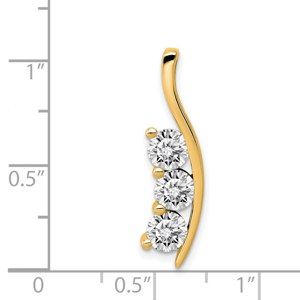 AAA Diamond Large Three Stone Curved Bar Charm Pendant in Real 14k Yellow Gold