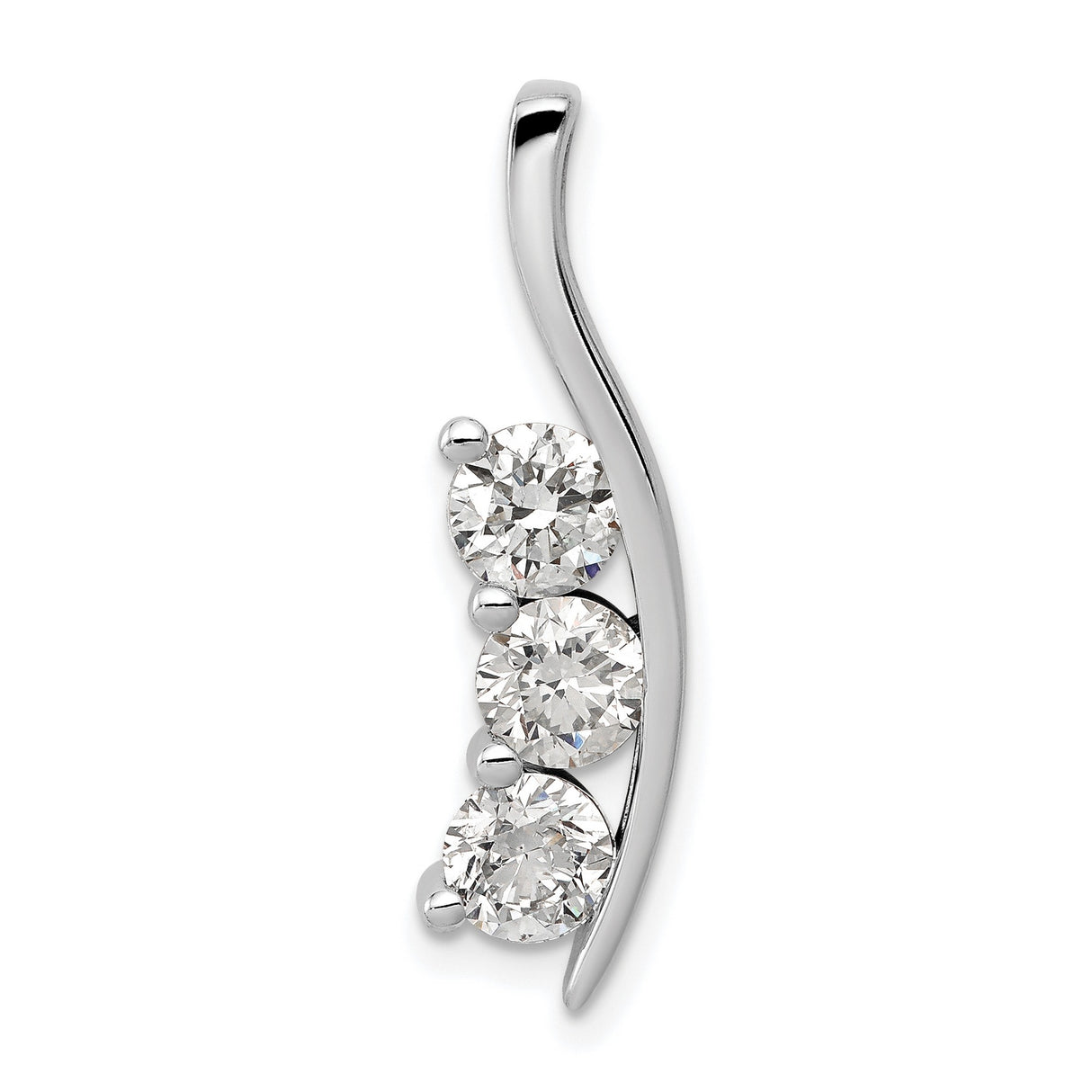 AAA Diamond Large Three Stone Curved Bar Charm Pendant in Real 14k White Gold