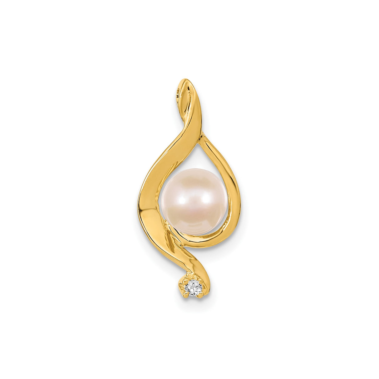 14k Yellow Gold Pendant with Cultured Pearl and Diamond Accent, Swirl Teardrop Design
