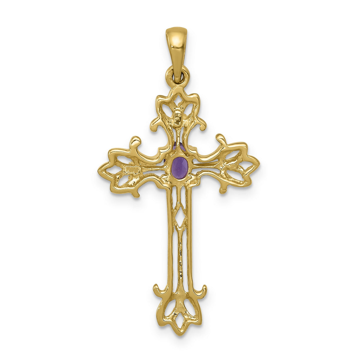 14k Yellow Gold Cross Pendant with Oval Amethyst, Ornate Filigree Christian Jewelry for Women
