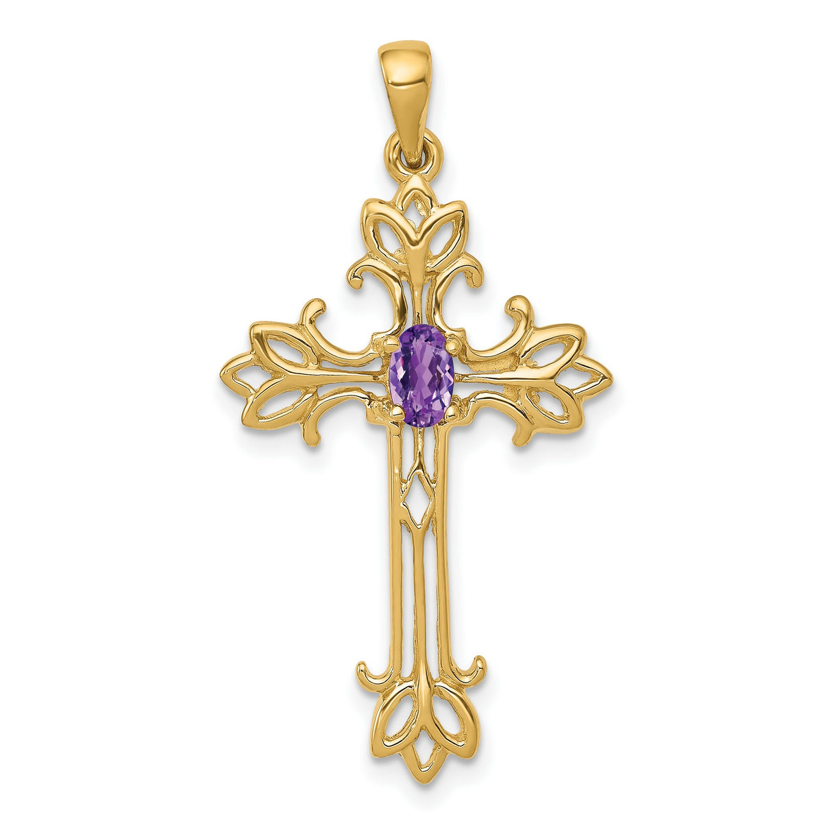 14k Yellow Gold Cross Pendant with Oval Amethyst, Ornate Filigree Christian Jewelry for Women