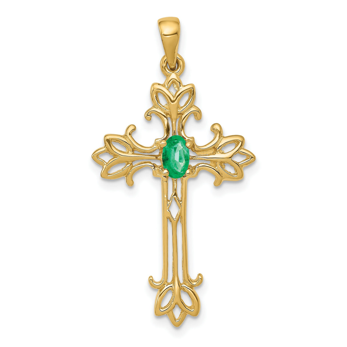 14k Yellow Gold Cross Pendant with Emerald and Filigree Design for Women