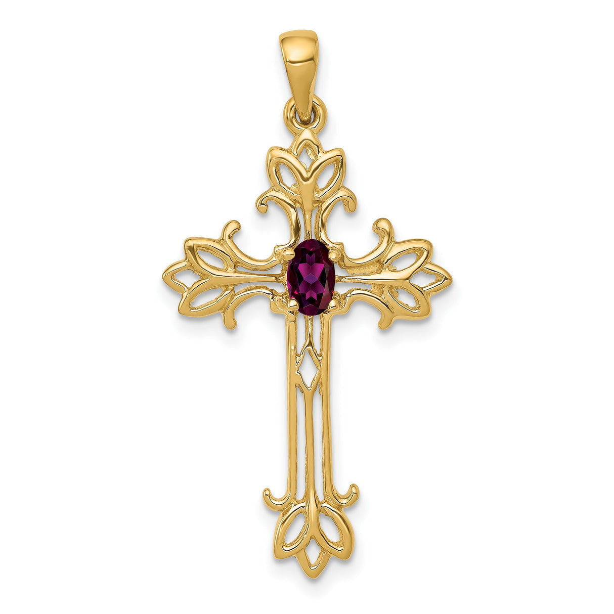 14k Yellow Gold Cross Pendant with Rhodolite Garnet and Filigree Design for Women