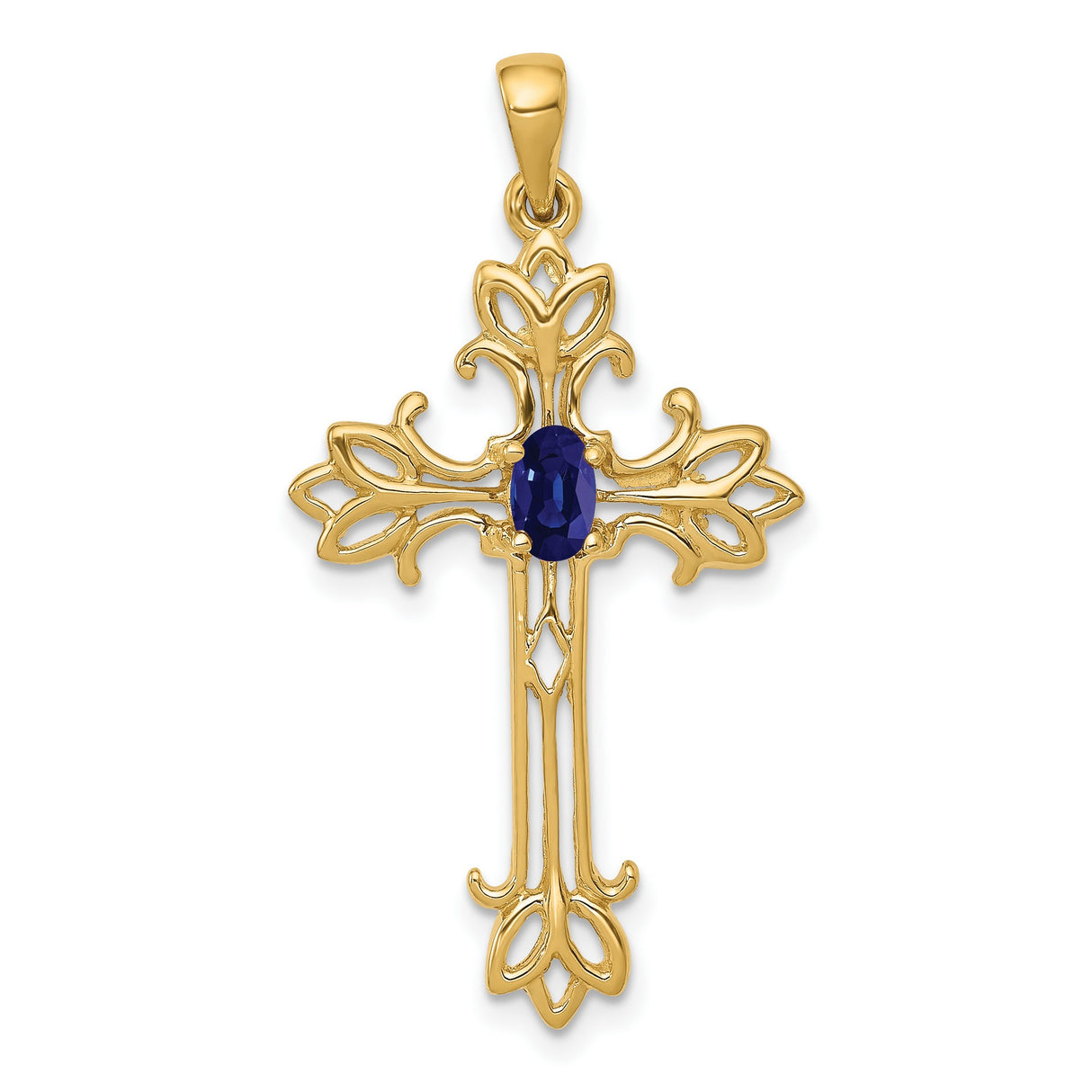 14k Yellow Gold Cross Pendant with Sapphire Center, Filigree Design, Christian Religious Jewelry