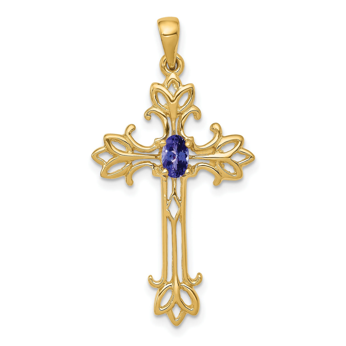 14k Yellow Gold Cross Pendant with Tanzanite, Filigree Crucifix Christian Jewelry for Women