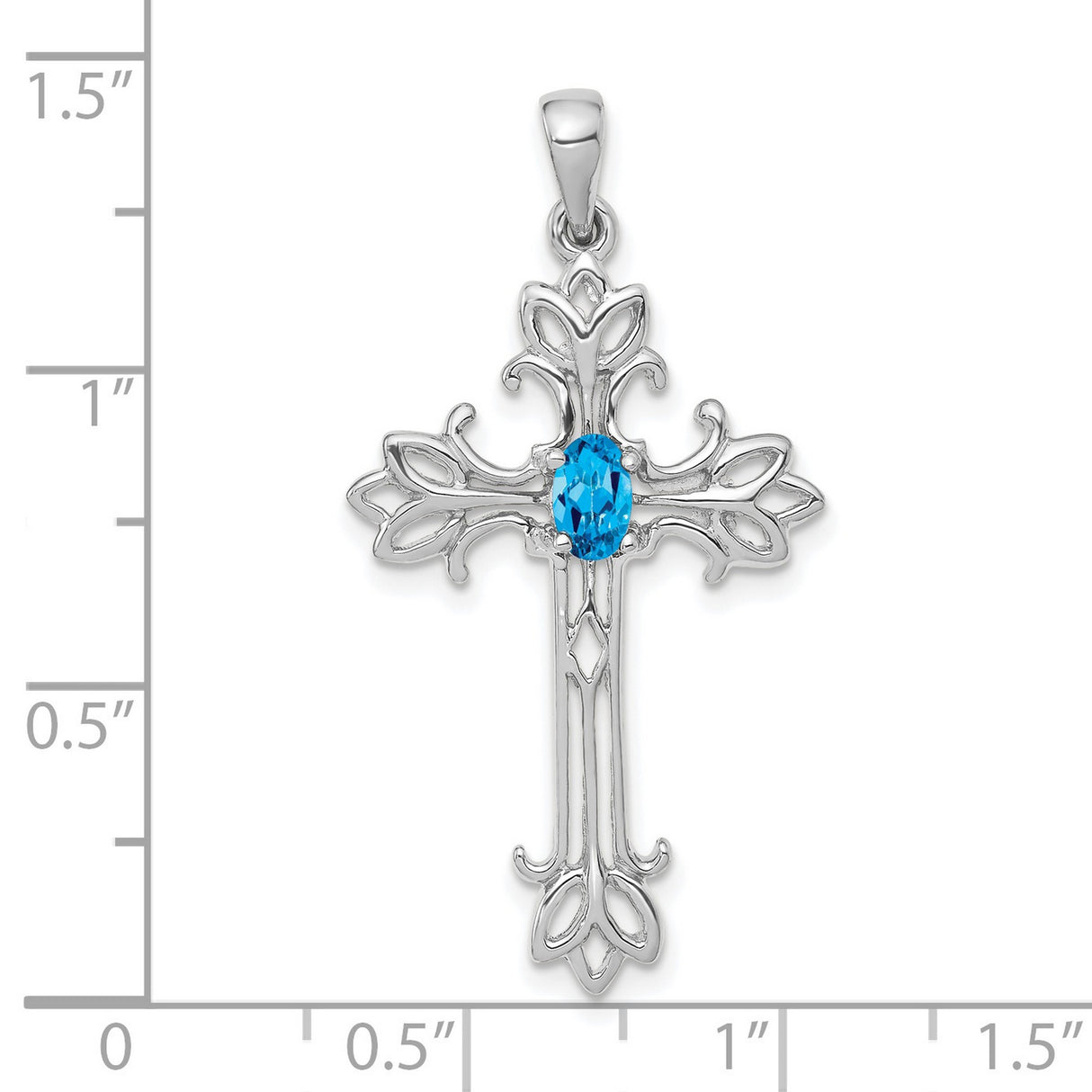 14k White Gold Cross Pendant with Oval Swiss Blue Topaz, Ornate Filigree Design