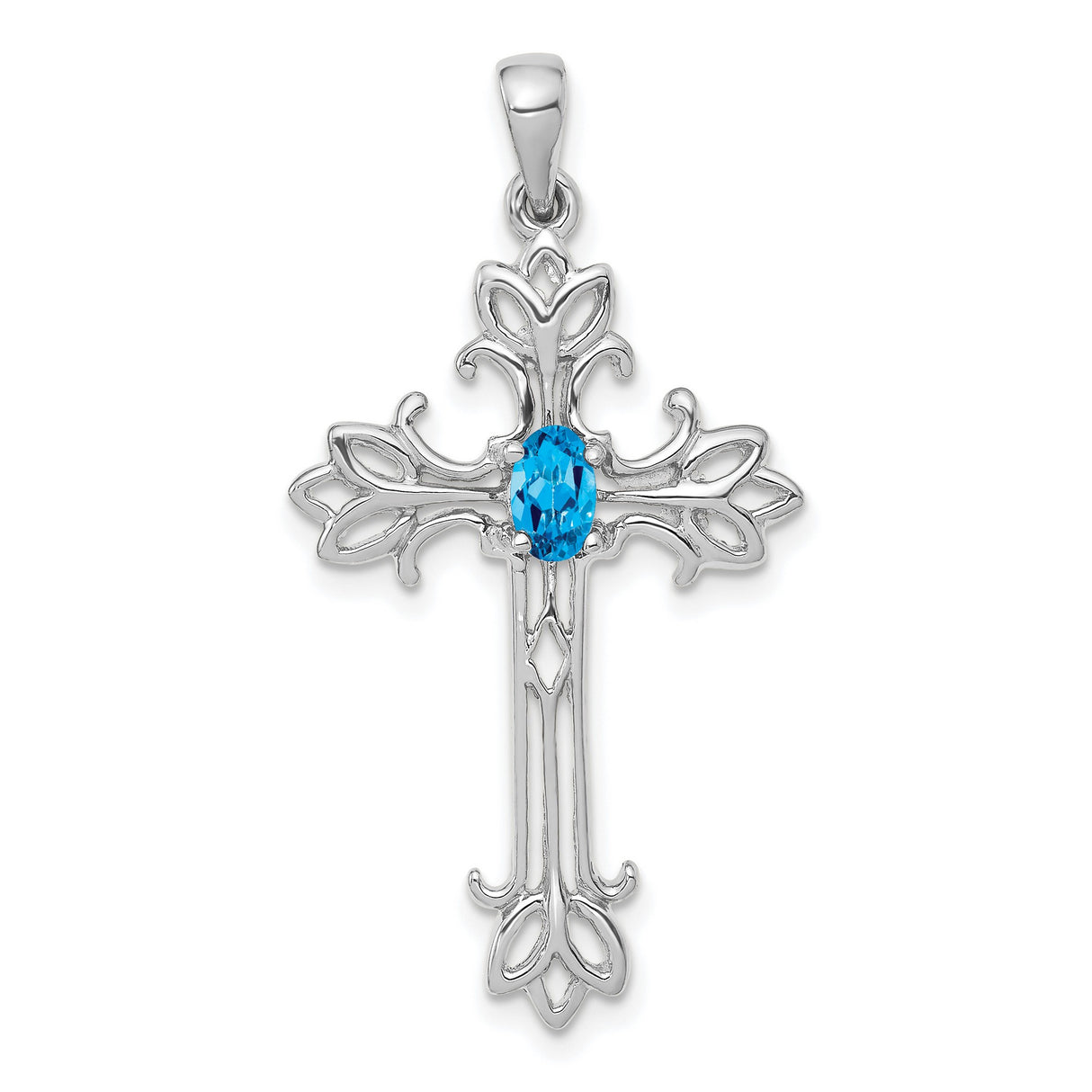 14k White Gold Cross Pendant with Oval Swiss Blue Topaz, Ornate Filigree Design