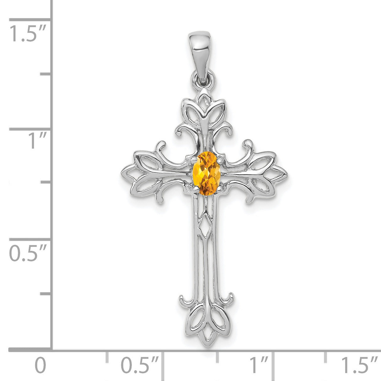 14k White Gold Cross Pendant with Citrine, Filigree Floral Design, Christian Jewelry for Women